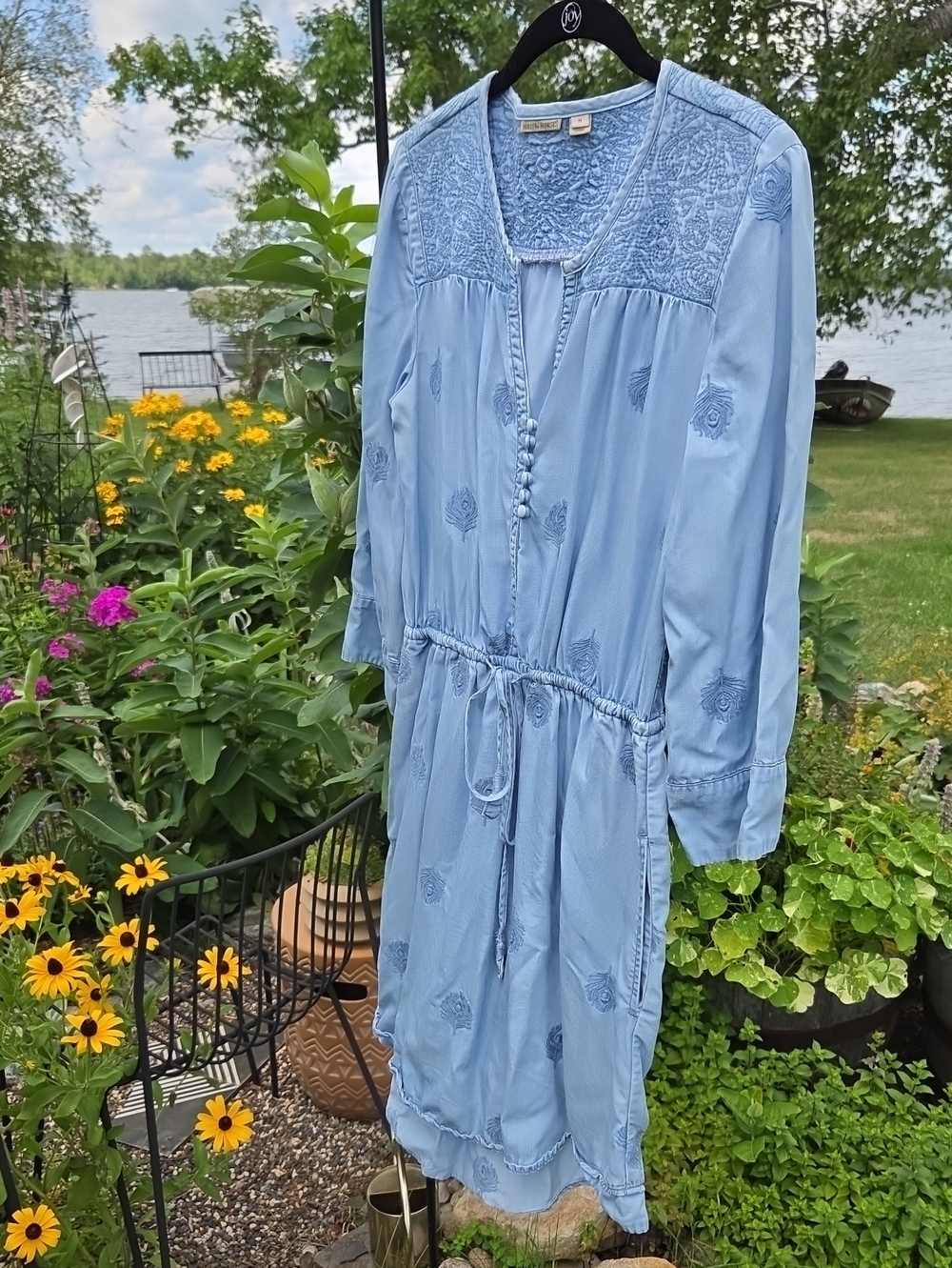 Anthropologie Holding Horses Chambray Embroidered Dress With Peacock Feathers
